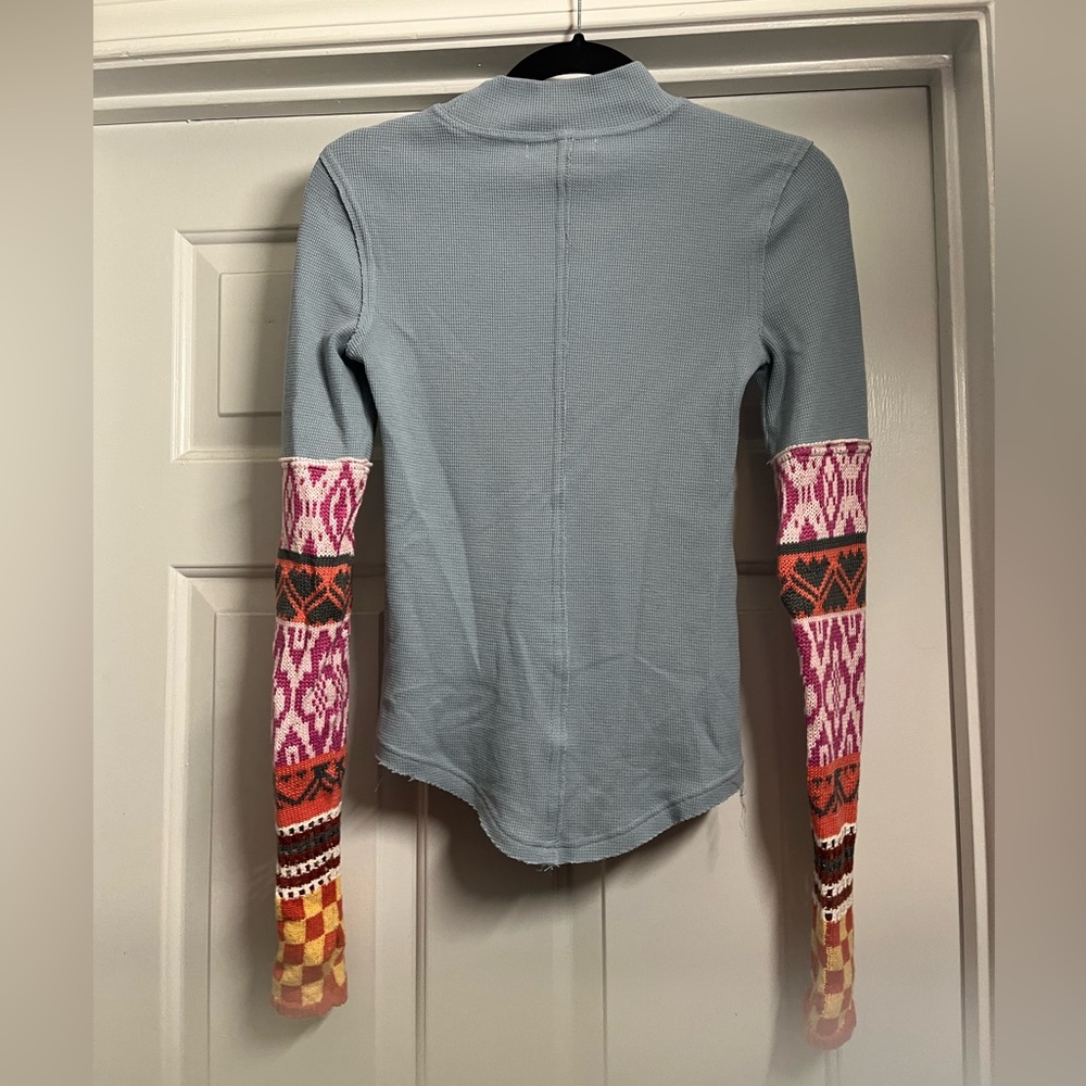 We The Free Light Blue Long Sleeve Top with Multicolor Patterned Sleeves